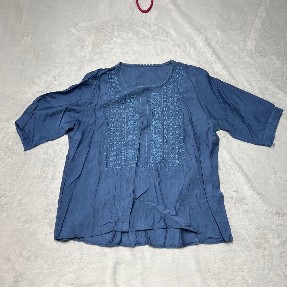 Embroidered Blouse Womens Medium Blue Floral Boho Short Sleeve